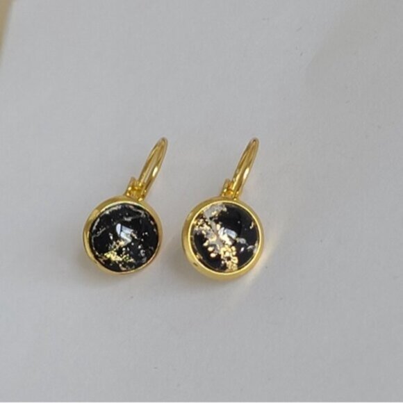 Elegant Hand Crafted Boho Black Gold Gemstone Marble Circle Drop Dangle Earrings - Picture 15 of 15